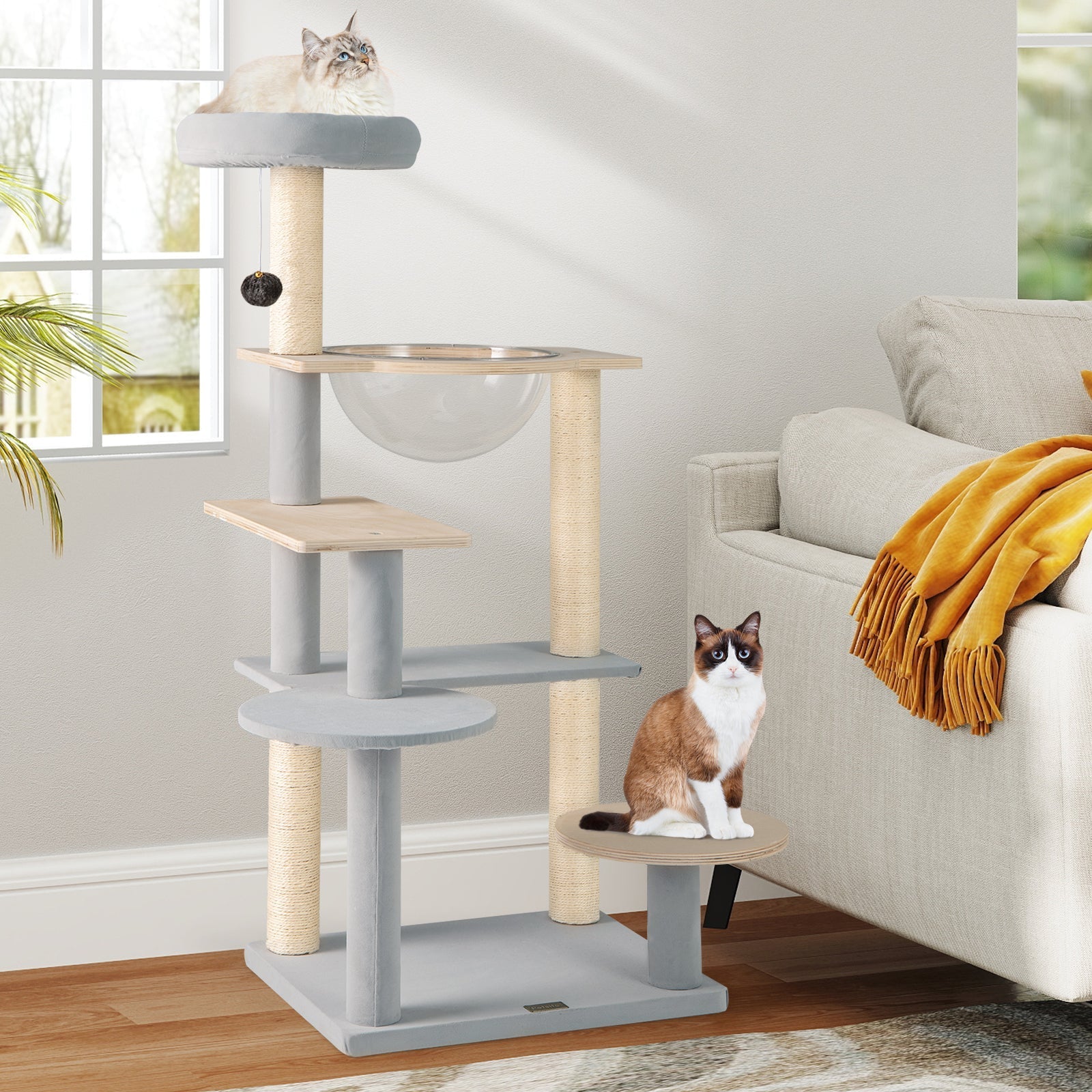 Modern Cat Tree 44 Inch Multi-level Cat Tower with Removable Padded Top Perch-Natural - Majestic Pet Kingdom