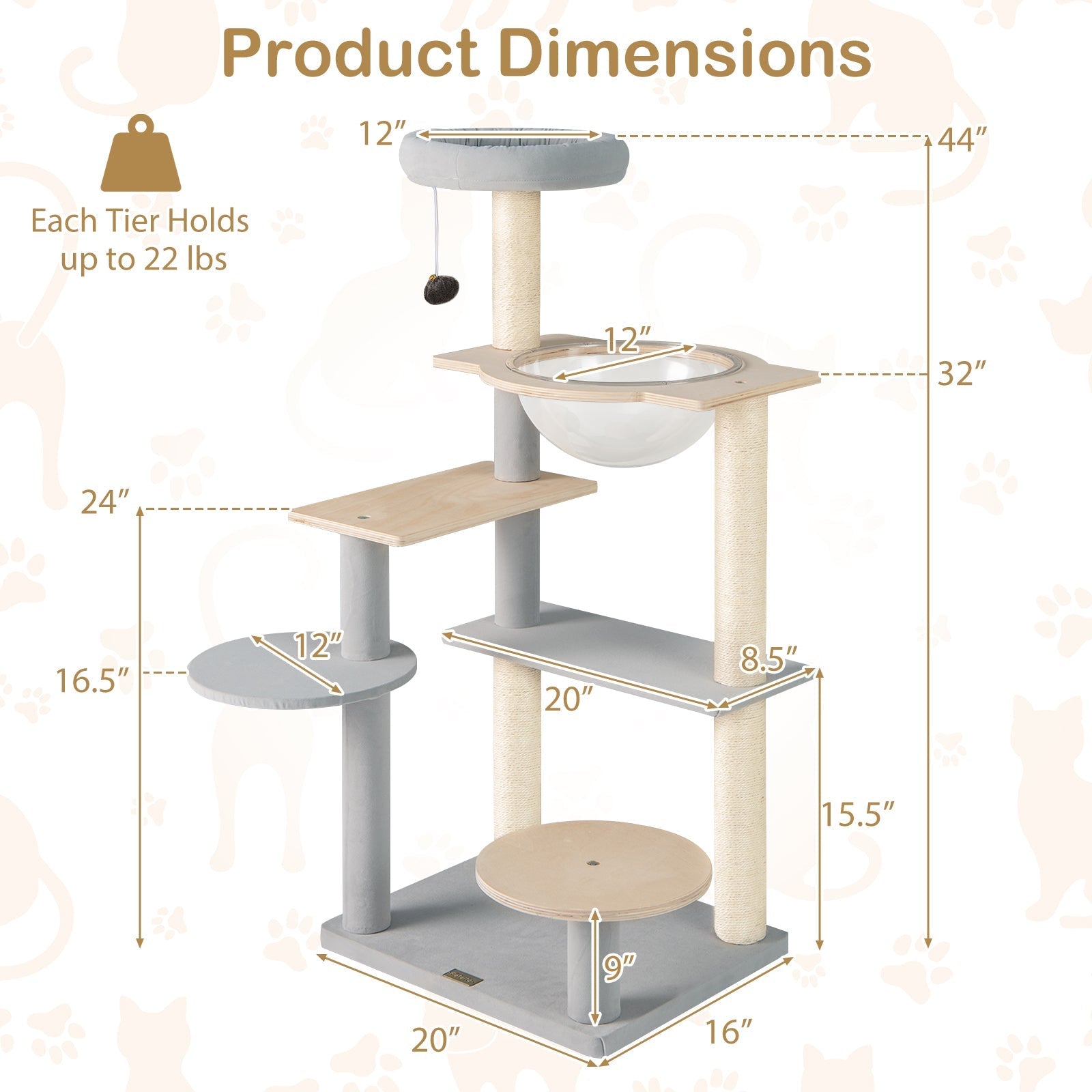 Modern Cat Tree 44 Inch Multi-level Cat Tower with Removable Padded Top Perch-Natural - Majestic Pet Kingdom