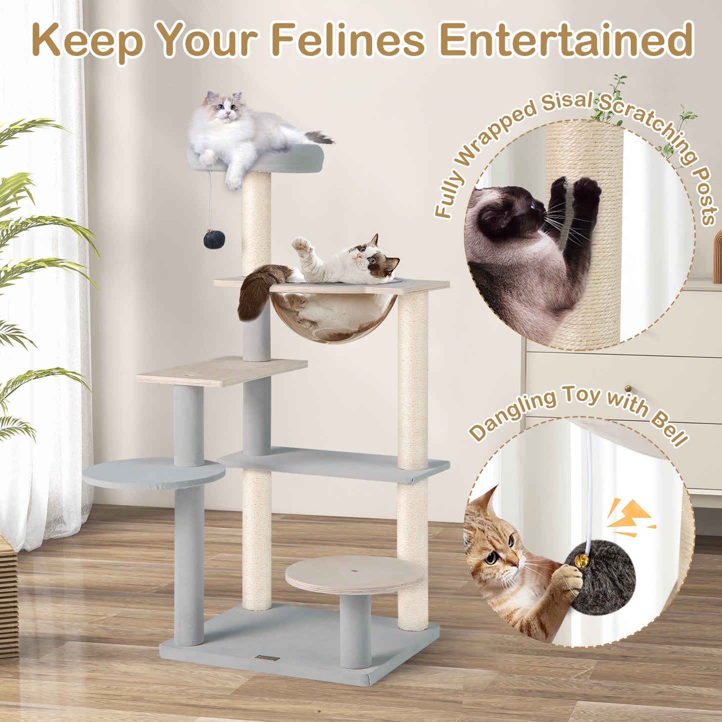 Modern Cat Tree 44 Inch Multi-level Cat Tower with Removable Padded Top Perch-Natural - Majestic Pet Kingdom