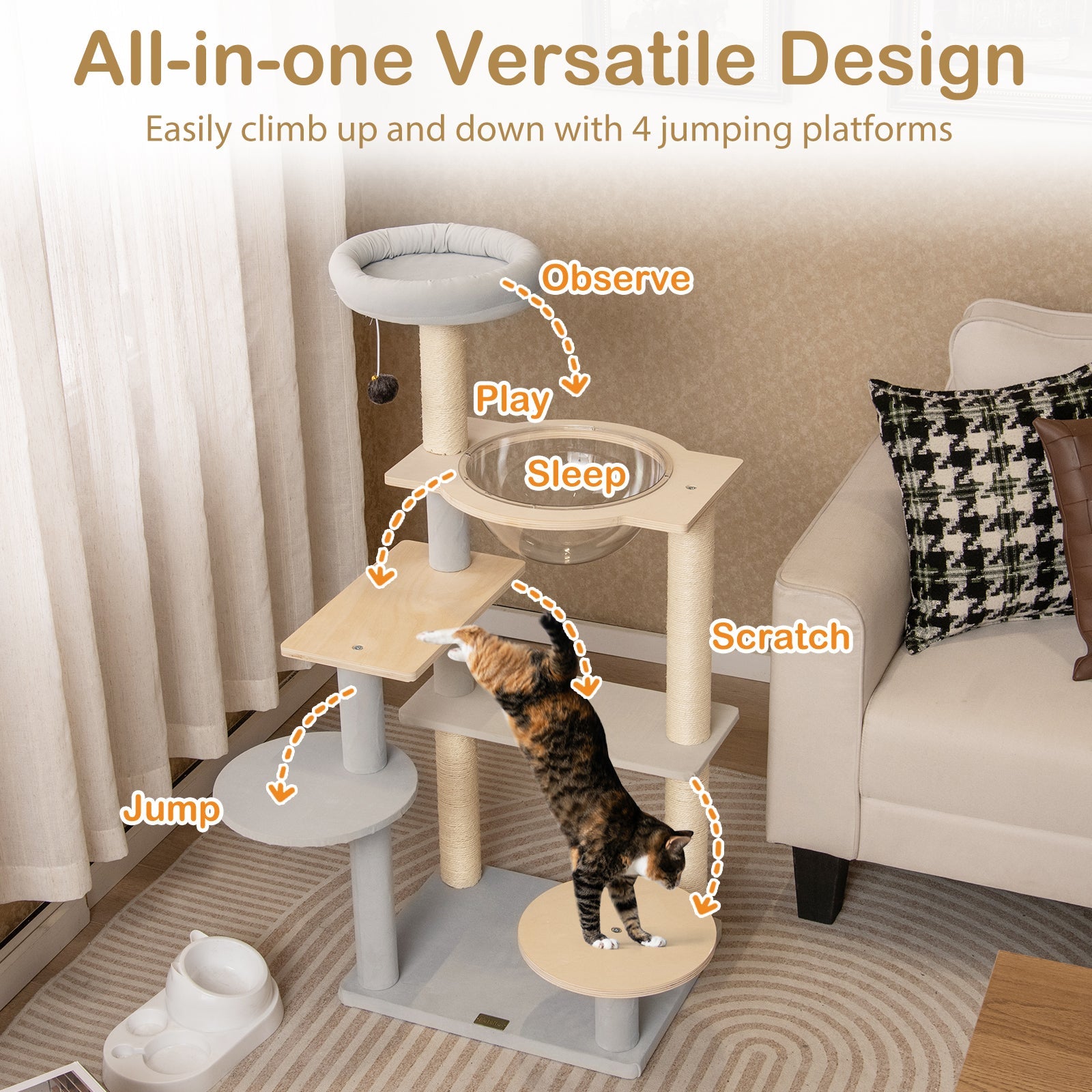 Modern Cat Tree 44 Inch Multi-level Cat Tower with Removable Padded Top Perch-Natural - Majestic Pet Kingdom