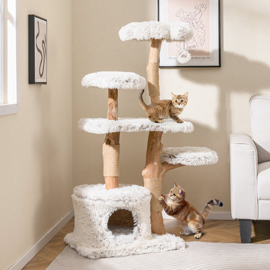 Modern Cat Tree 53 Inch Tall Natural Branch Wooden Cat Tower with Jute Scratching Posts-White - Majestic Pet Kingdom