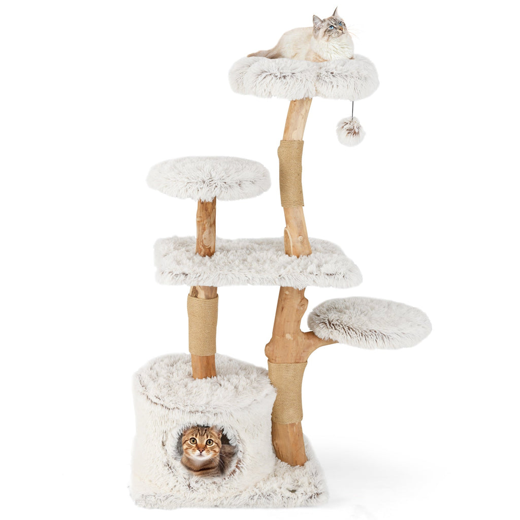 Modern Cat Tree 53 Inch Tall Natural Branch Wooden Cat Tower with Jute Scratching Posts-White - Majestic Pet Kingdom