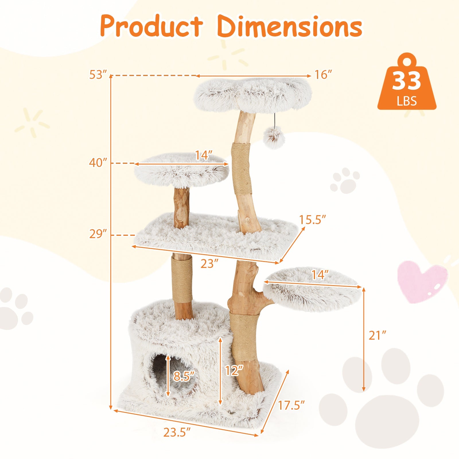Modern Cat Tree 53 Inch Tall Natural Branch Wooden Cat Tower with Jute Scratching Posts-White - Majestic Pet Kingdom
