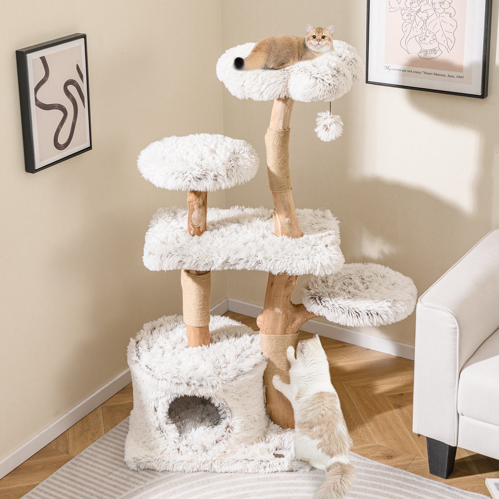 Modern Cat Tree 53 Inch Tall Natural Branch Wooden Cat Tower with Jute Scratching Posts-White - Majestic Pet Kingdom