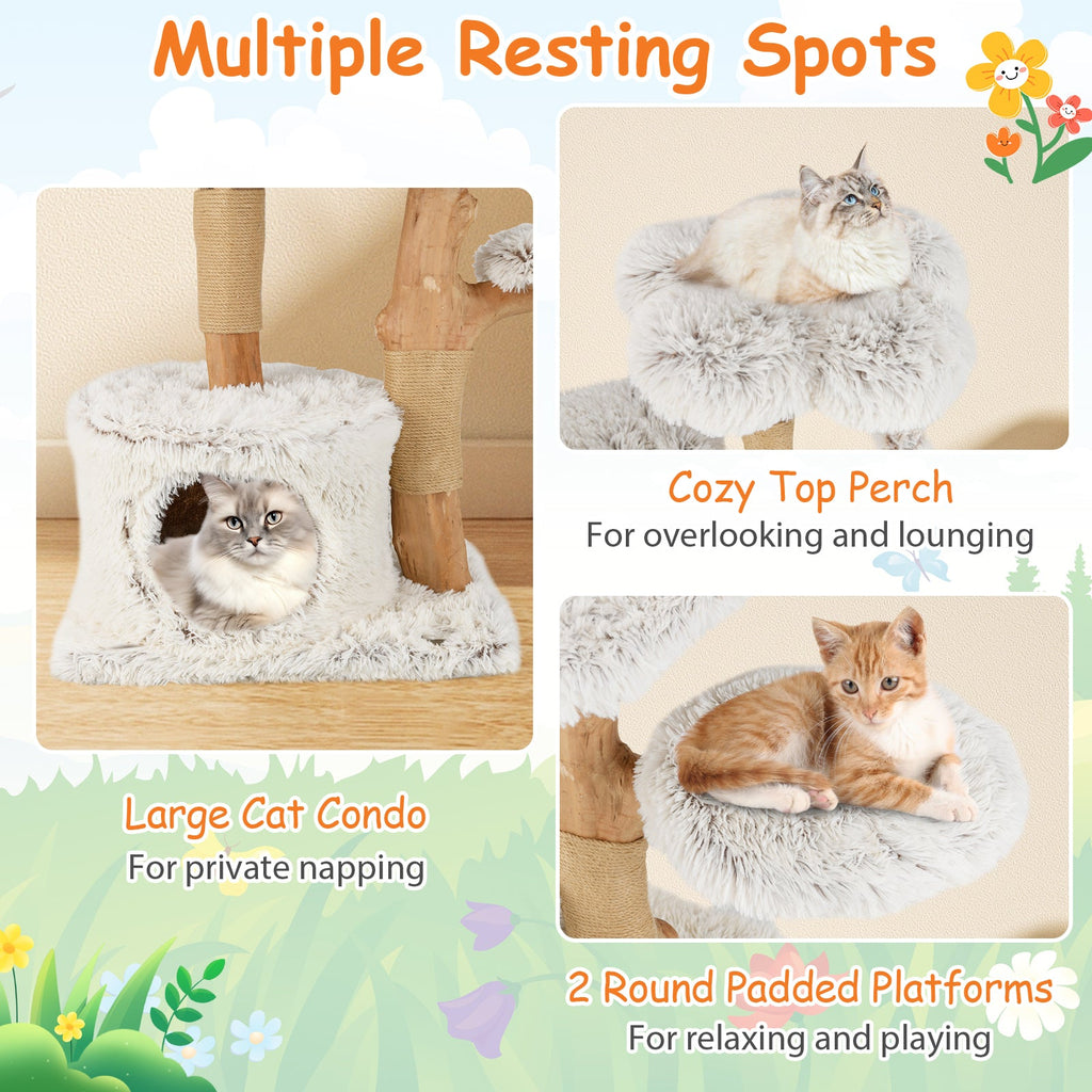 Modern Cat Tree 53 Inch Tall Natural Branch Wooden Cat Tower with Jute Scratching Posts-White - Majestic Pet Kingdom