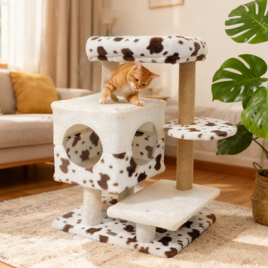 Modern Cat Tree Indoor Cat Tower with Wide Upholstered Perch and 2-Entrance Cat Condo-White - Majestic Pet Kingdom