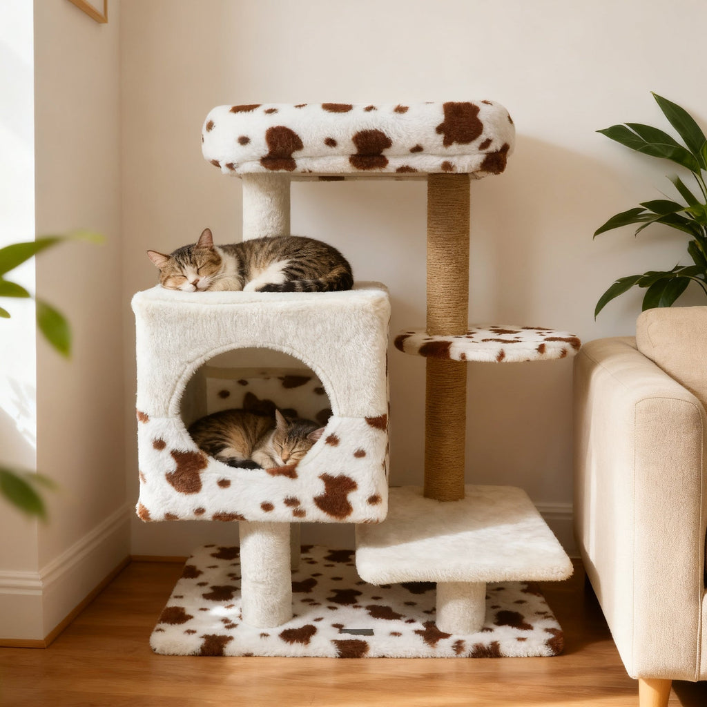 Modern Cat Tree Indoor Cat Tower with Wide Upholstered Perch and 2-Entrance Cat Condo-White - Majestic Pet Kingdom