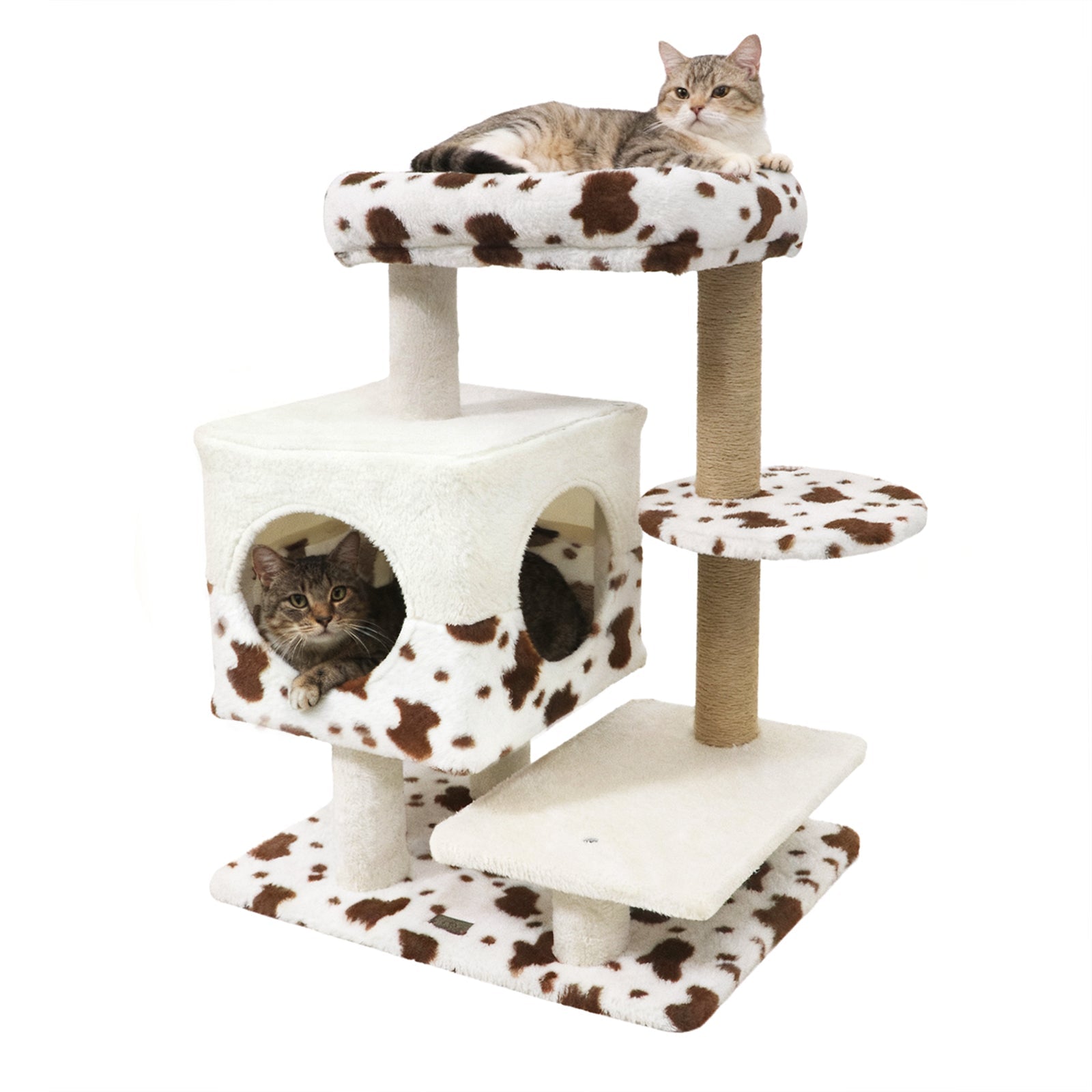 Modern Cat Tree Indoor Cat Tower with Wide Upholstered Perch and 2-Entrance Cat Condo-White - Majestic Pet Kingdom