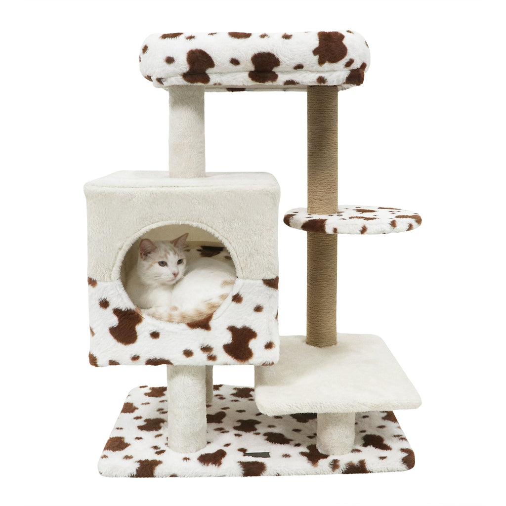 Modern Cat Tree Indoor Cat Tower with Wide Upholstered Perch and 2-Entrance Cat Condo-White - Majestic Pet Kingdom