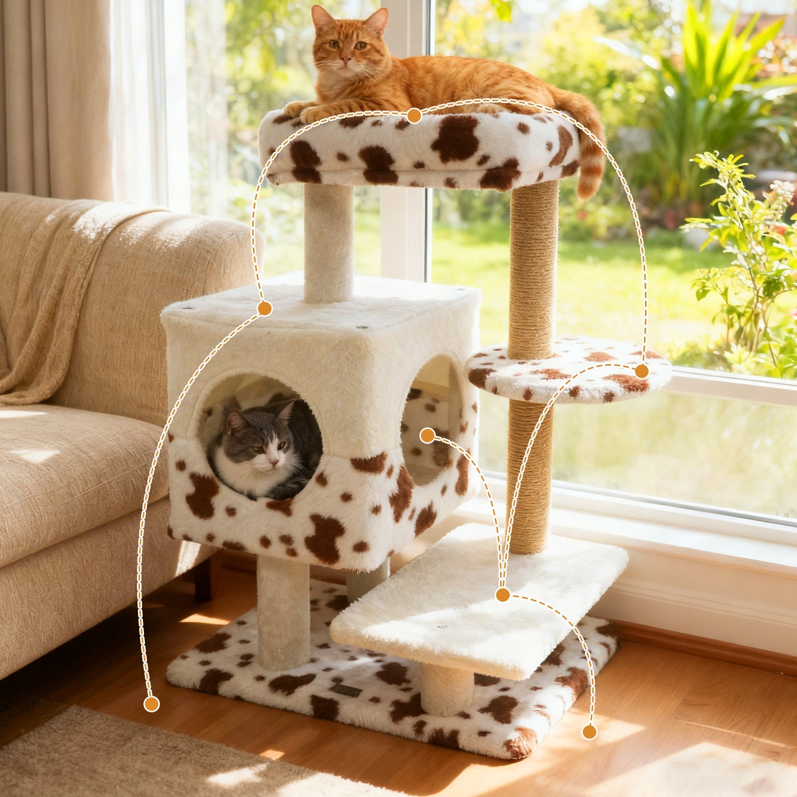 Modern Cat Tree Indoor Cat Tower with Wide Upholstered Perch and 2-Entrance Cat Condo-White - Majestic Pet Kingdom