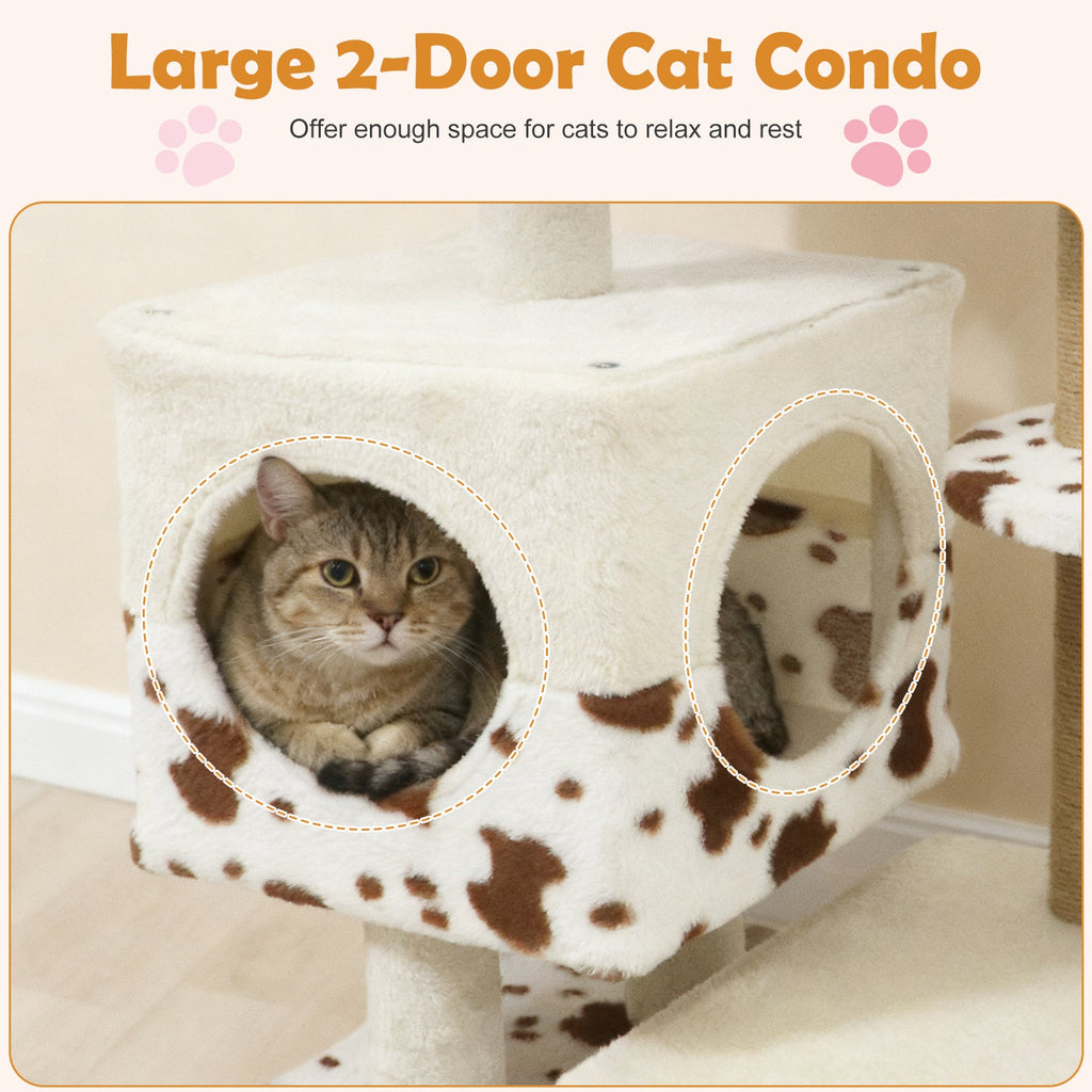 Modern Cat Tree Indoor Cat Tower with Wide Upholstered Perch and 2-Entrance Cat Condo-White - Majestic Pet Kingdom