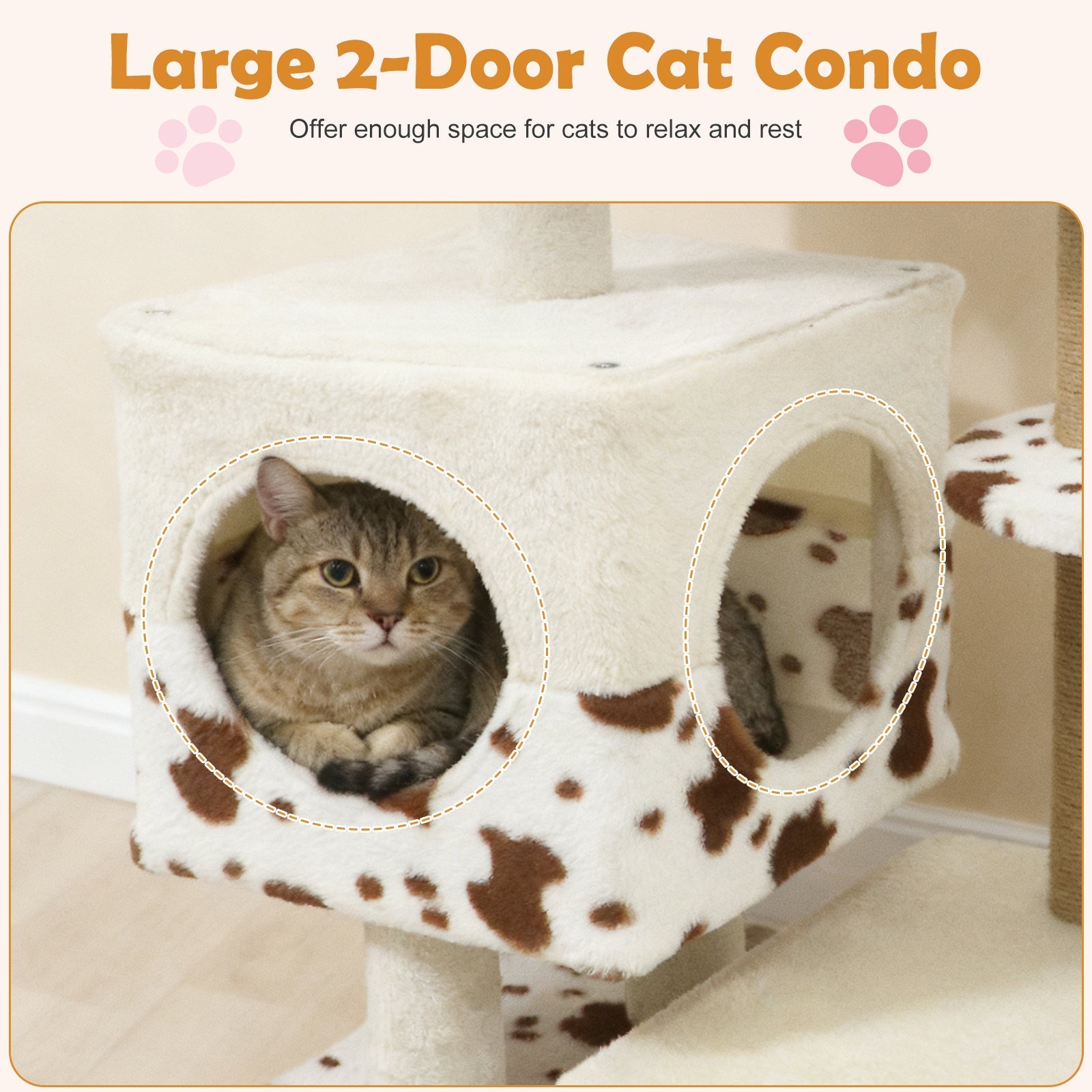 Modern Cat Tree Indoor Cat Tower with Wide Upholstered Perch and 2-Entrance Cat Condo-White - Majestic Pet Kingdom