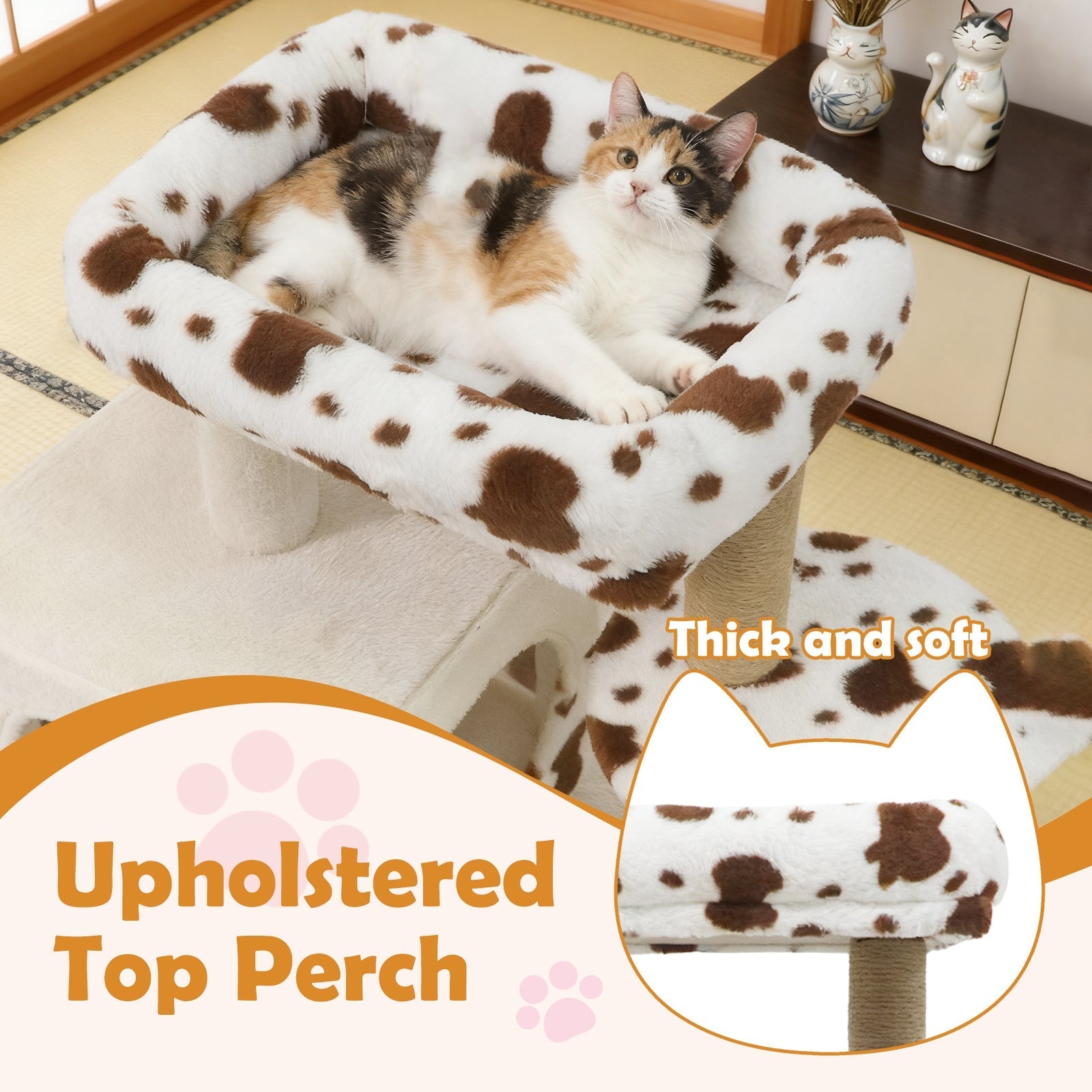 Modern Cat Tree Indoor Cat Tower with Wide Upholstered Perch and 2-Entrance Cat Condo-White - Majestic Pet Kingdom