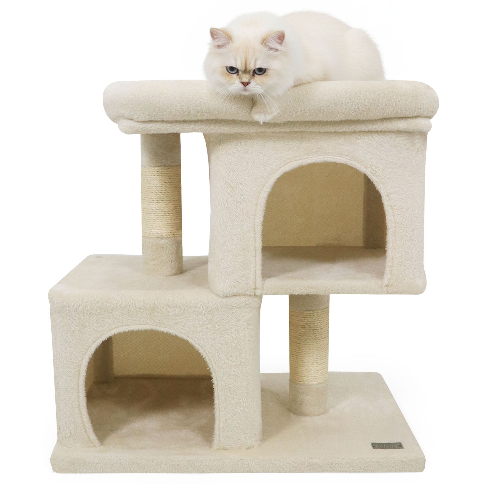 Modern Cat Tree Space-saving Cat Tower with Upholstered Perch and 2 Cat Condos - Majestic Pet Kingdom