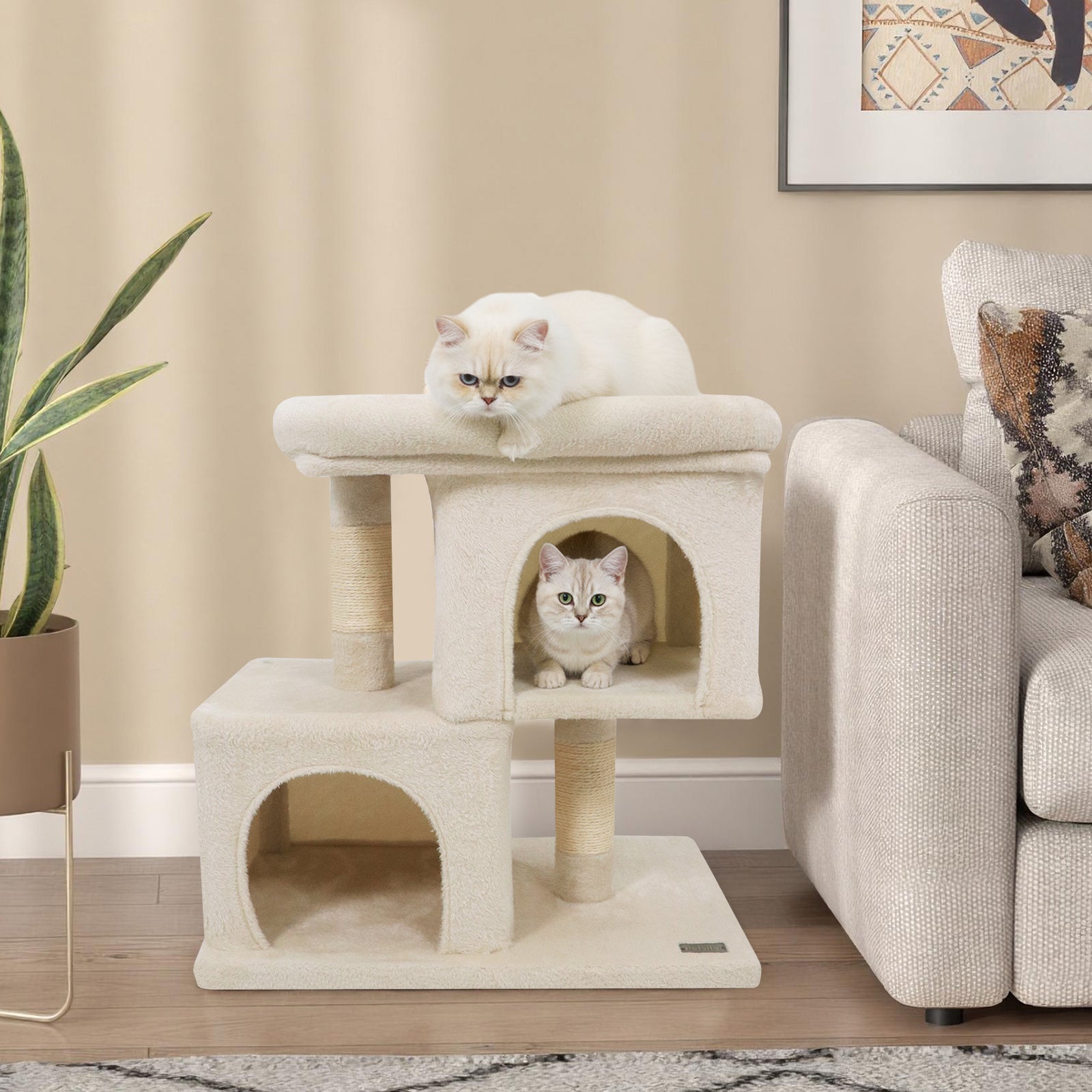 Modern Cat Tree Space-saving Cat Tower with Upholstered Perch and 2 Cat Condos - Majestic Pet Kingdom