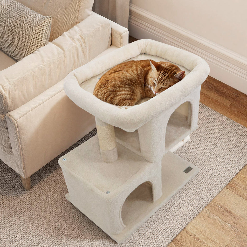 Modern Cat Tree Space-saving Cat Tower with Upholstered Perch and 2 Cat Condos - Majestic Pet Kingdom