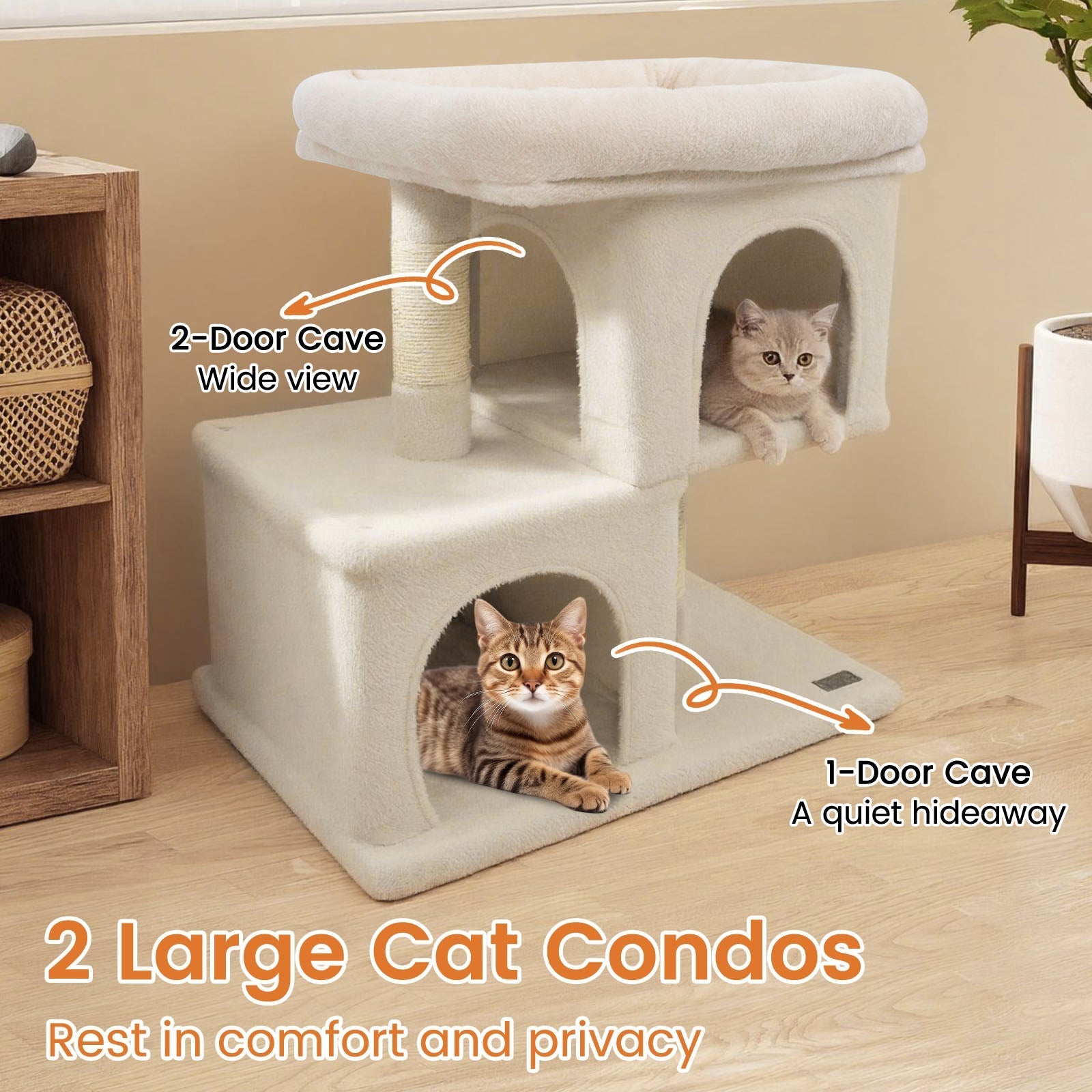 Modern Cat Tree Space-saving Cat Tower with Upholstered Perch and 2 Cat Condos - Majestic Pet Kingdom