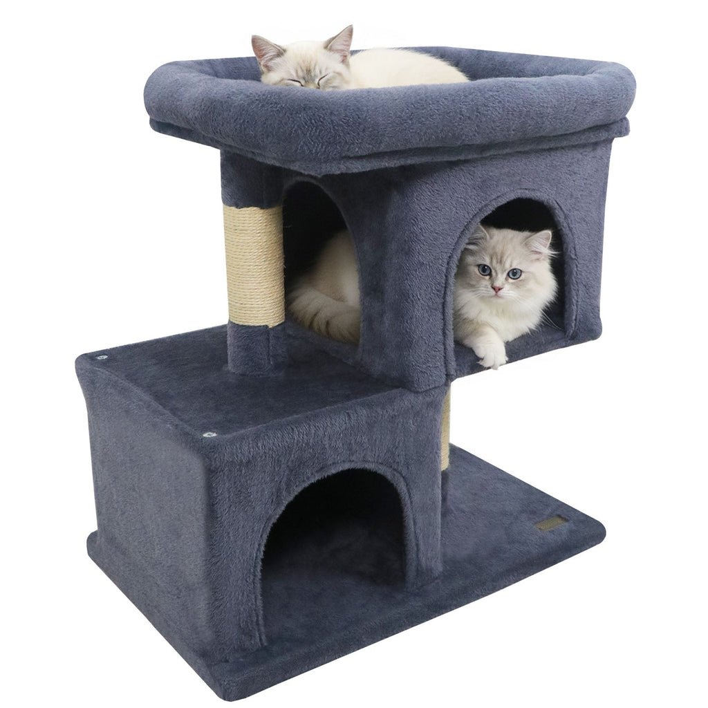 Modern Cat Tree Space-saving Cat Tower with Upholstered Perch and 2 Cat Condos - Majestic Pet Kingdom
