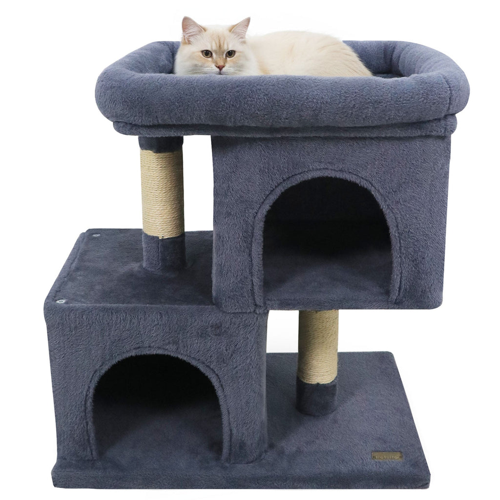 Modern Cat Tree Space-saving Cat Tower with Upholstered Perch and 2 Cat Condos - Majestic Pet Kingdom