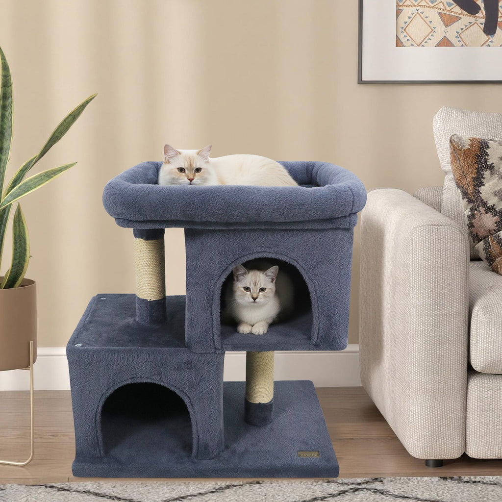 Modern Cat Tree Space-saving Cat Tower with Upholstered Perch and 2 Cat Condos - Majestic Pet Kingdom