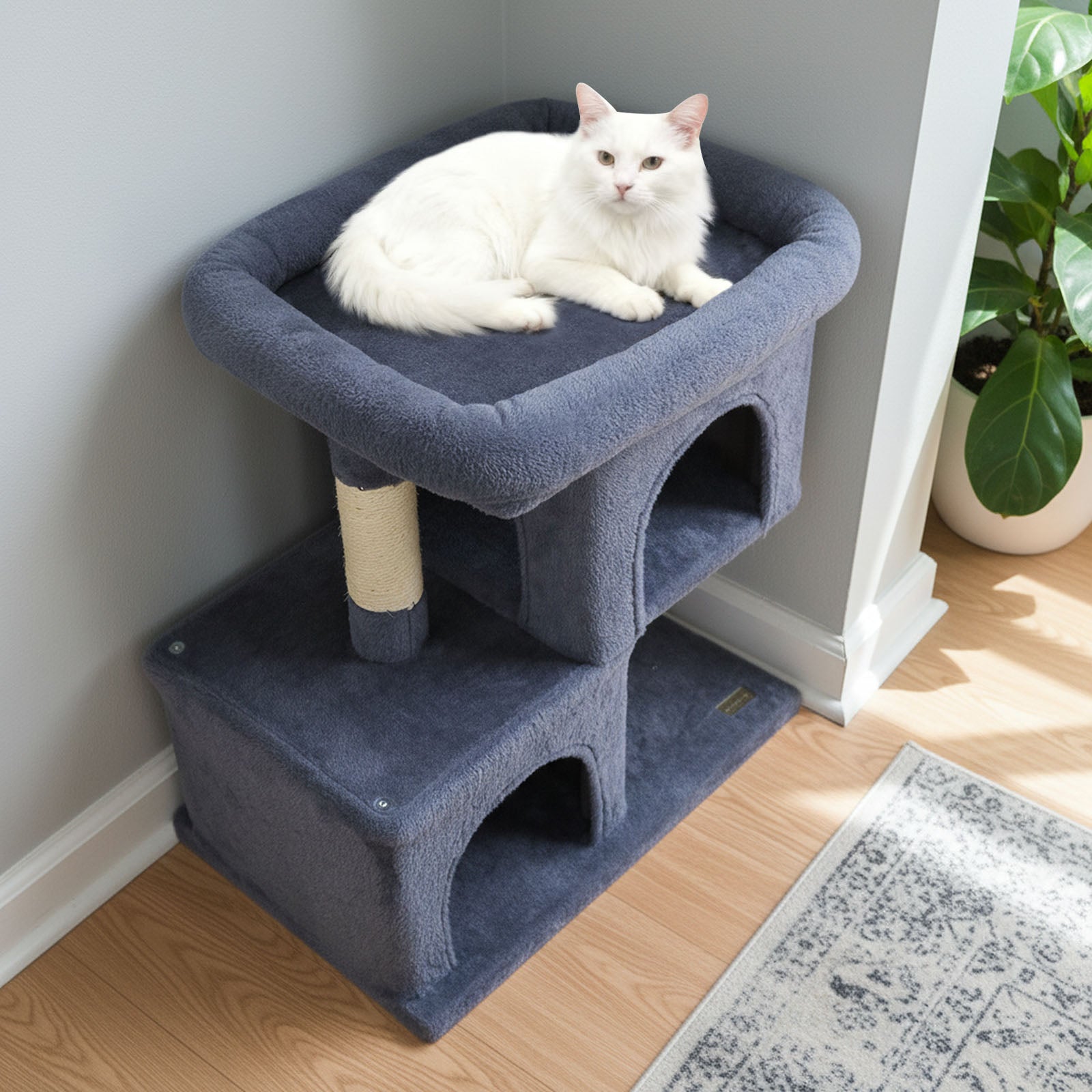 Modern Cat Tree Space-saving Cat Tower with Upholstered Perch and 2 Cat Condos - Majestic Pet Kingdom