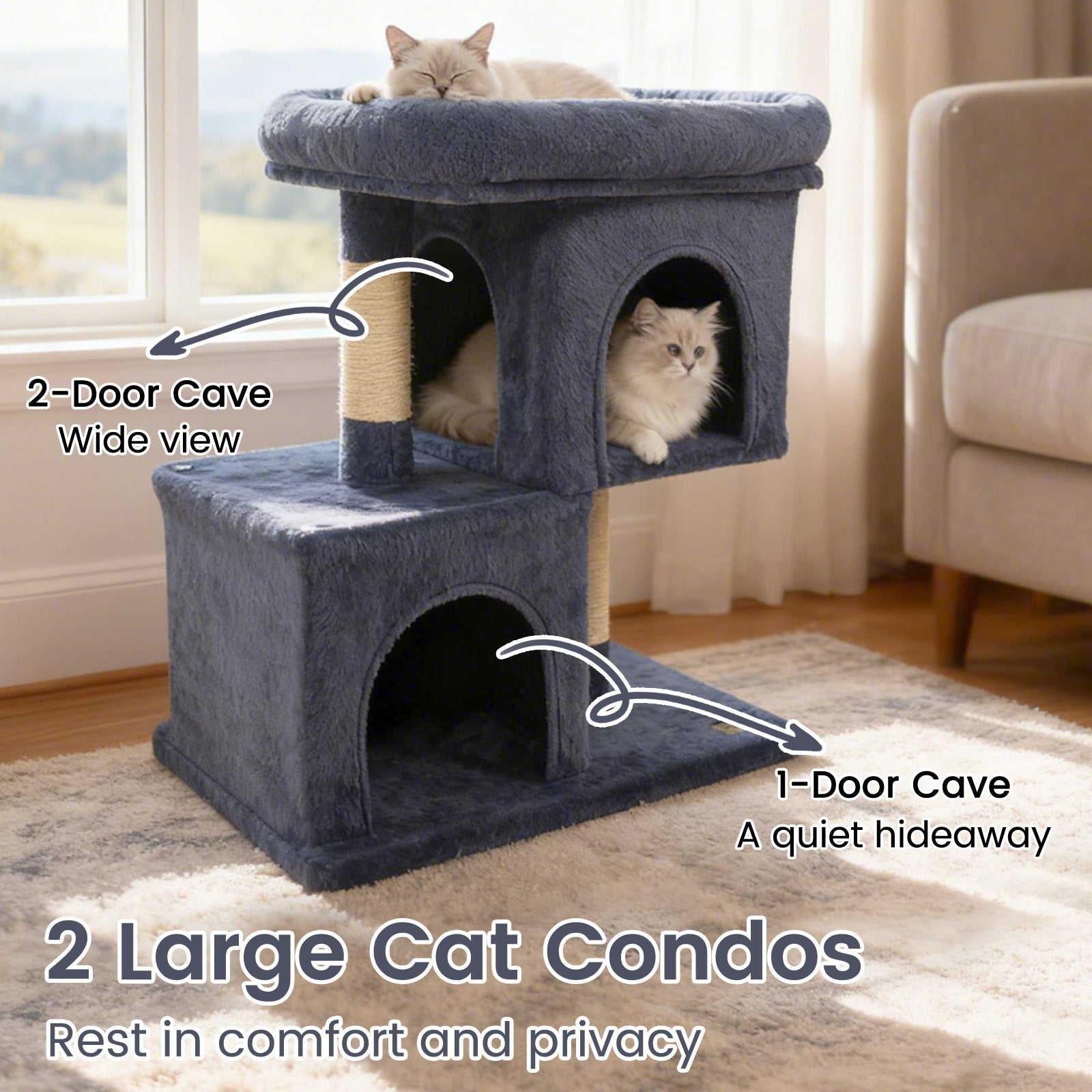 Modern Cat Tree Space-saving Cat Tower with Upholstered Perch and 2 Cat Condos - Majestic Pet Kingdom