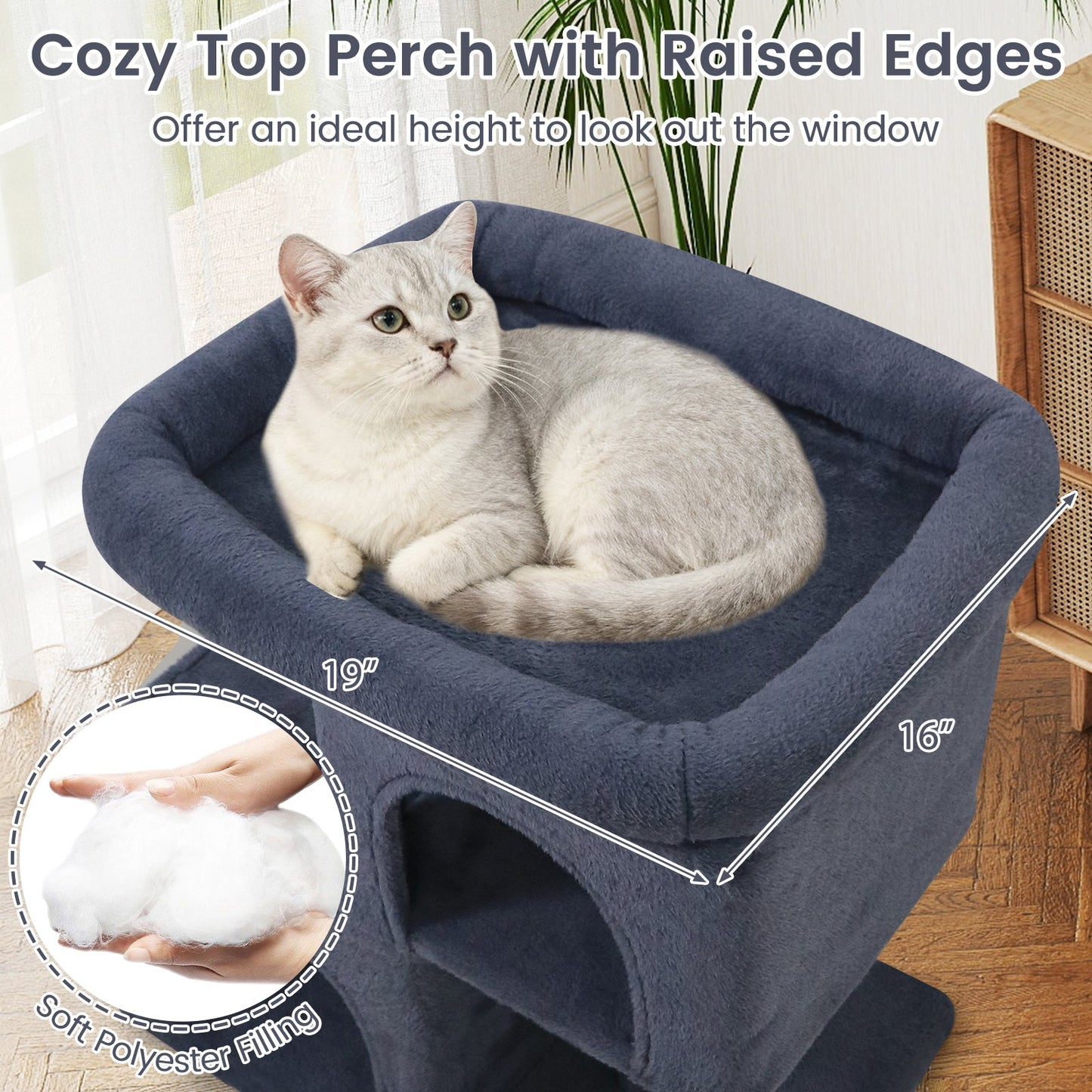 Modern Cat Tree Space-saving Cat Tower with Upholstered Perch and 2 Cat Condos - Majestic Pet Kingdom