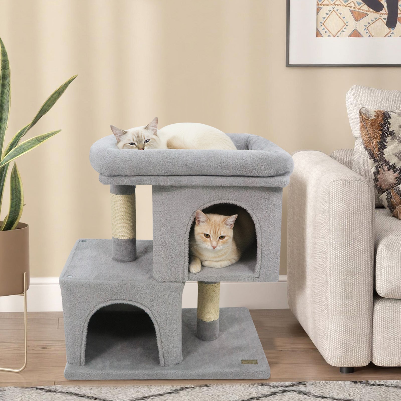 Modern Cat Tree Space-saving Cat Tower with Upholstered Perch and 2 Cat Condos - Majestic Pet Kingdom