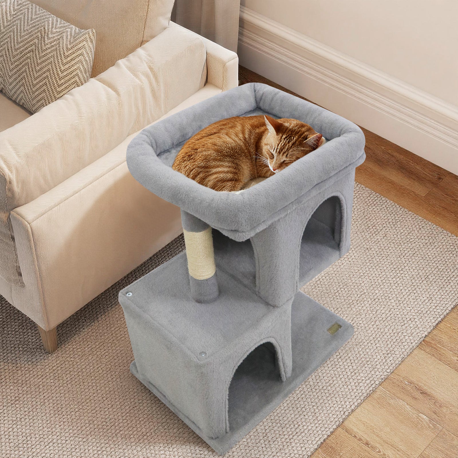 Modern Cat Tree Space-saving Cat Tower with Upholstered Perch and 2 Cat Condos - Majestic Pet Kingdom