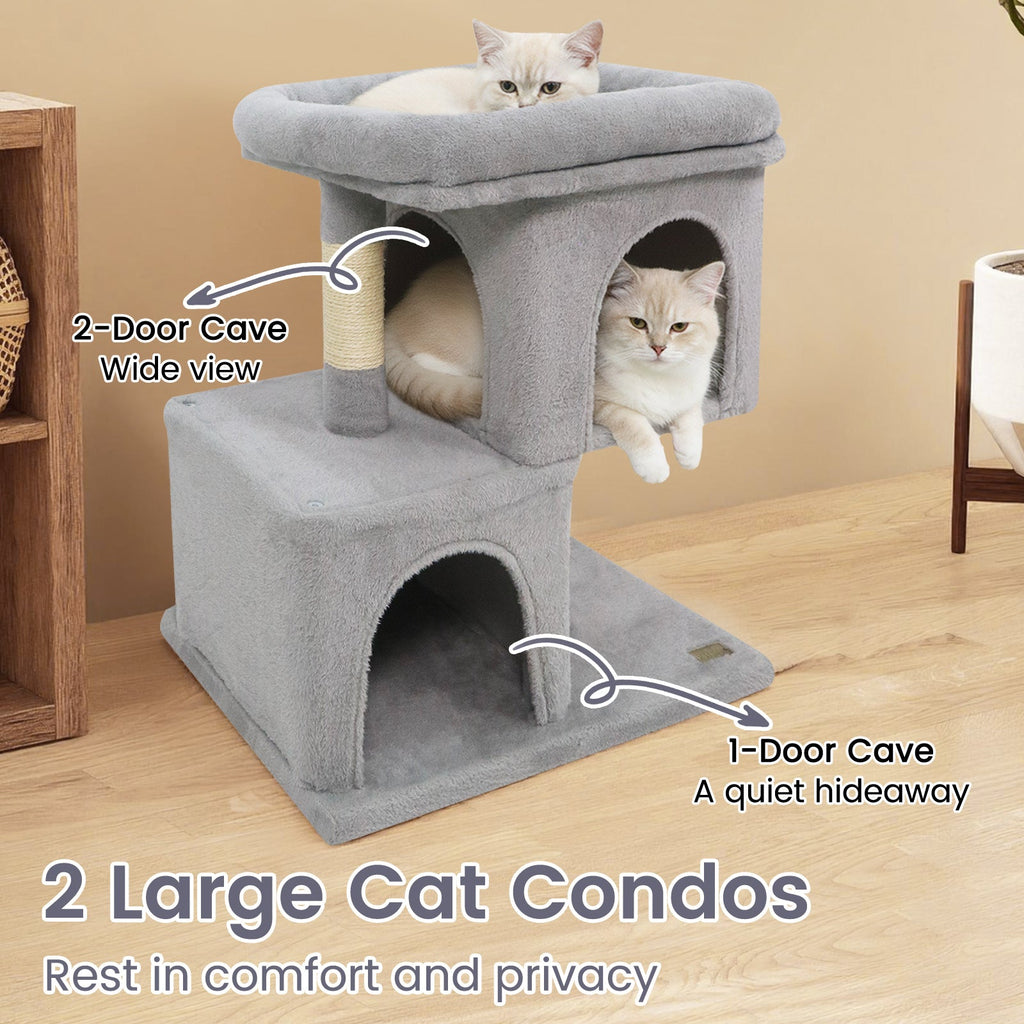 Modern Cat Tree Space-saving Cat Tower with Upholstered Perch and 2 Cat Condos - Majestic Pet Kingdom