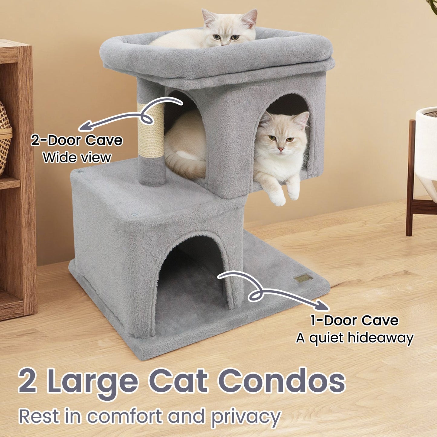 Modern Cat Tree Space-saving Cat Tower with Upholstered Perch and 2 Cat Condos - Majestic Pet Kingdom