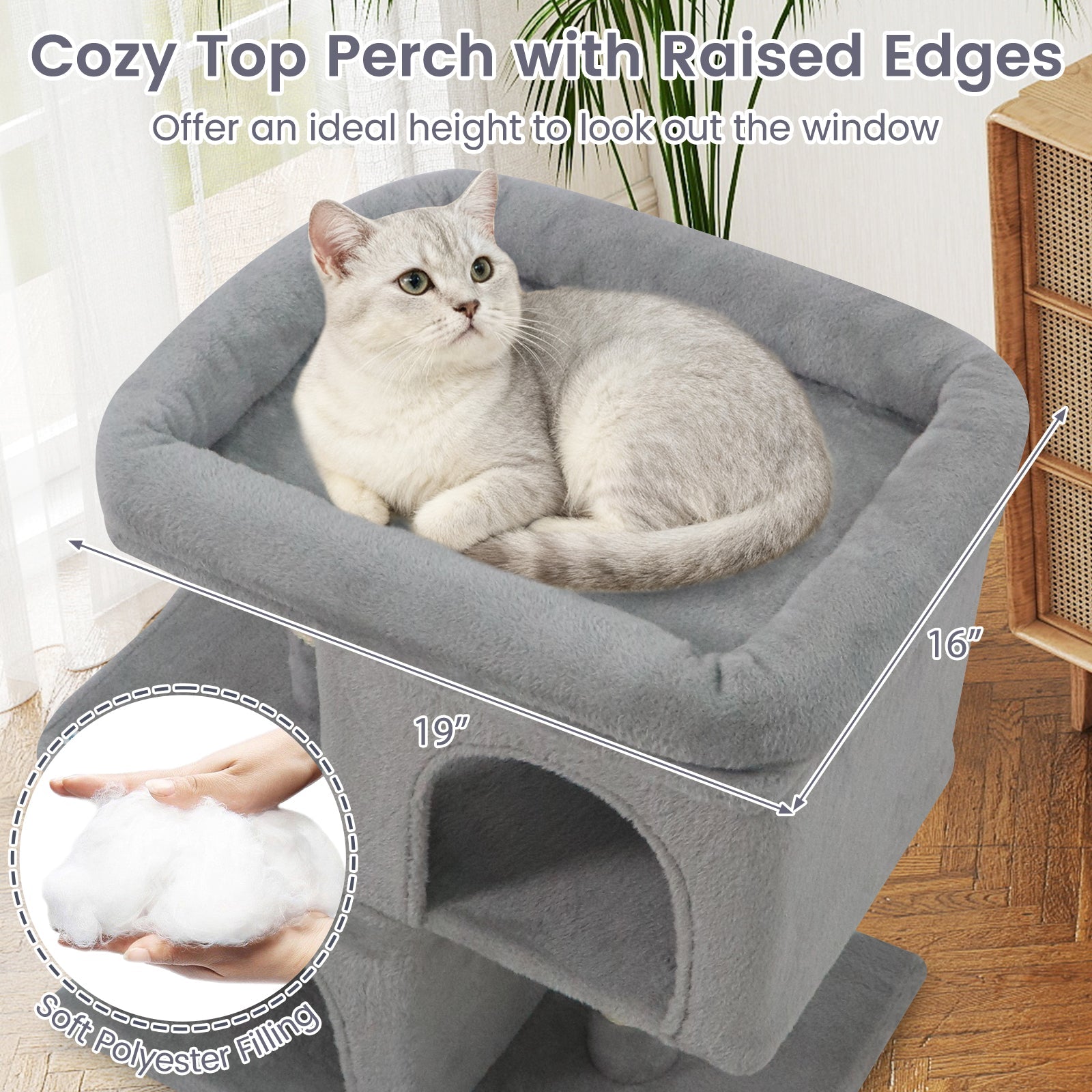 Modern Cat Tree Space-saving Cat Tower with Upholstered Perch and 2 Cat Condos - Majestic Pet Kingdom