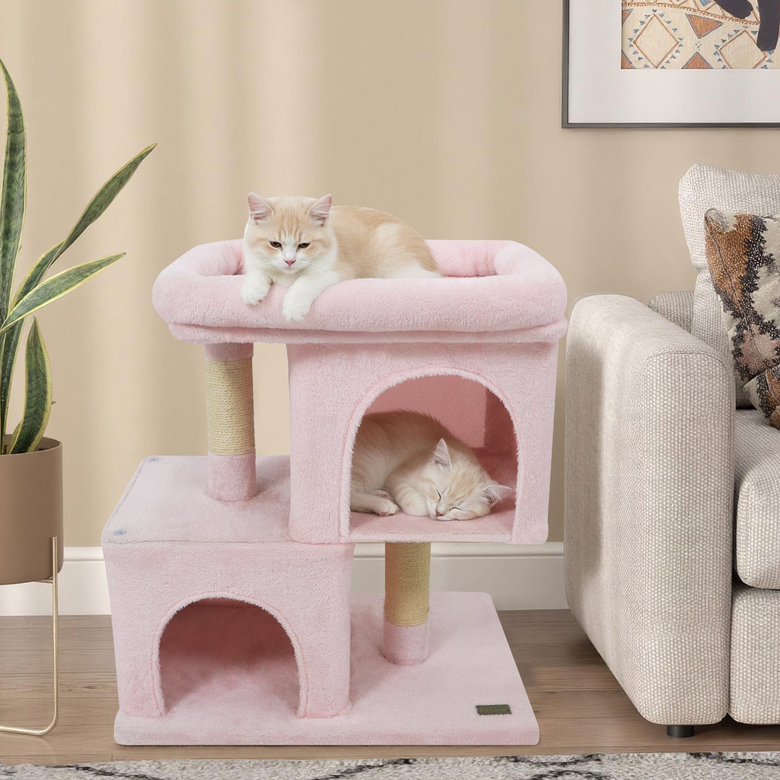 Modern Cat Tree Space-saving Cat Tower with Upholstered Perch and 2 Cat Condos - Majestic Pet Kingdom