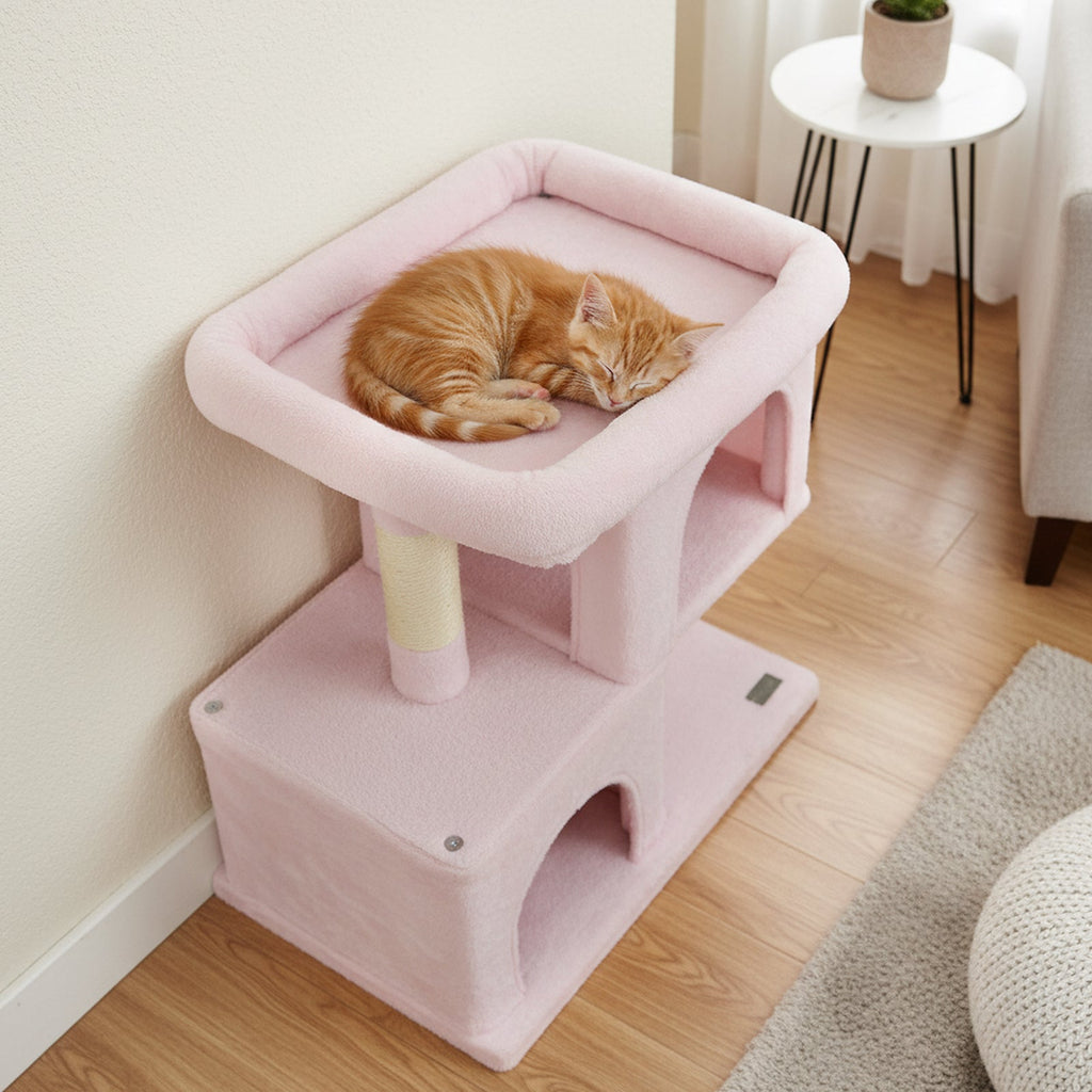 Modern Cat Tree Space-saving Cat Tower with Upholstered Perch and 2 Cat Condos - Majestic Pet Kingdom