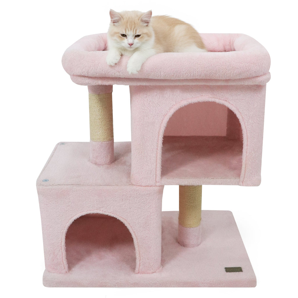 Modern Cat Tree Space-saving Cat Tower with Upholstered Perch and 2 Cat Condos - Majestic Pet Kingdom