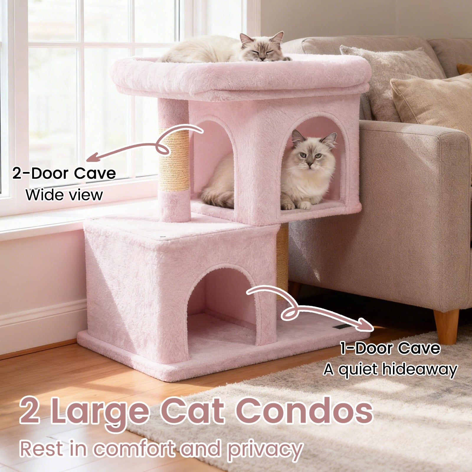 Modern Cat Tree Space-saving Cat Tower with Upholstered Perch and 2 Cat Condos - Majestic Pet Kingdom