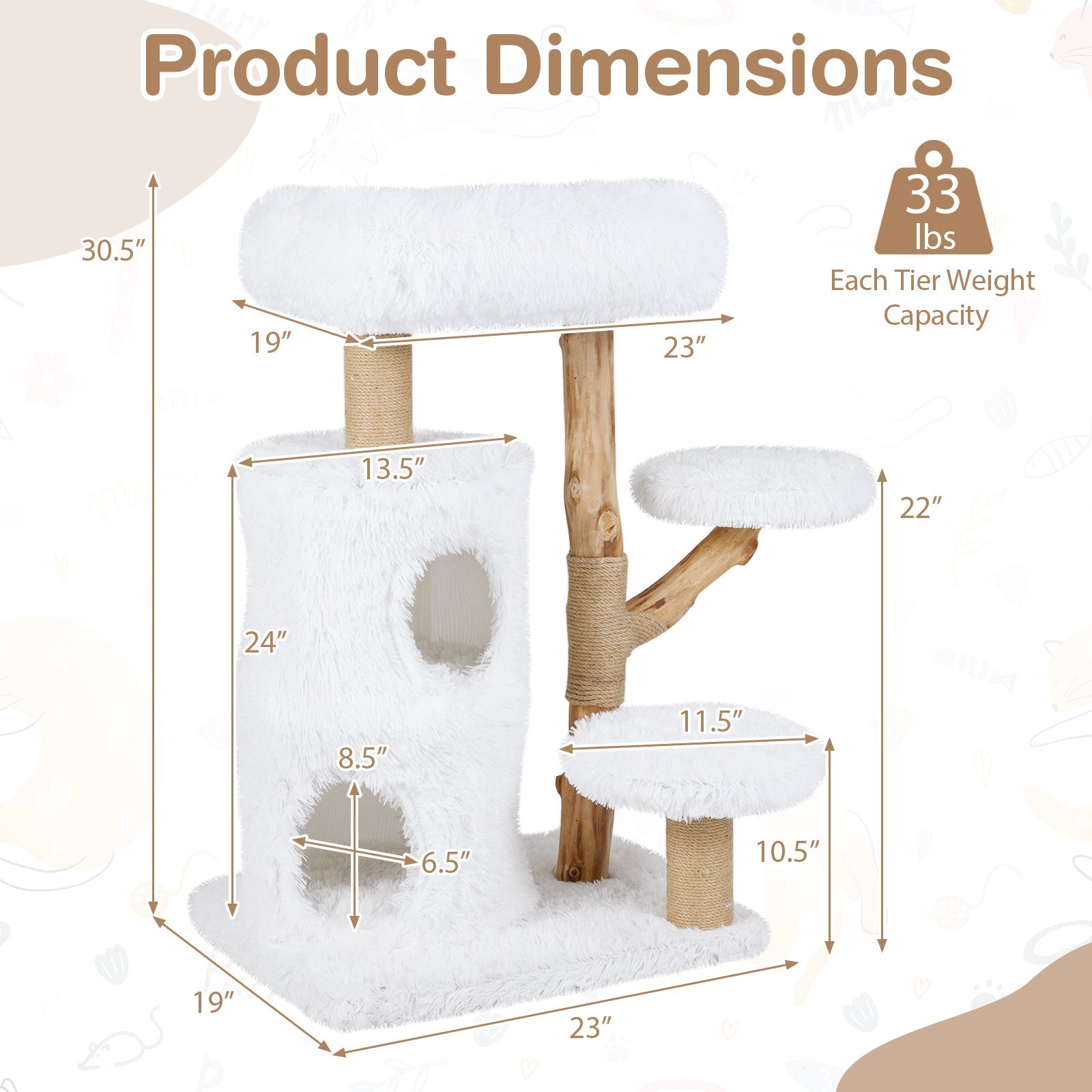 Modern Cat Tree for Indoor Cats 30.5 Cat Tower with Real Solid Wood Branches-White - Majestic Pet Kingdom