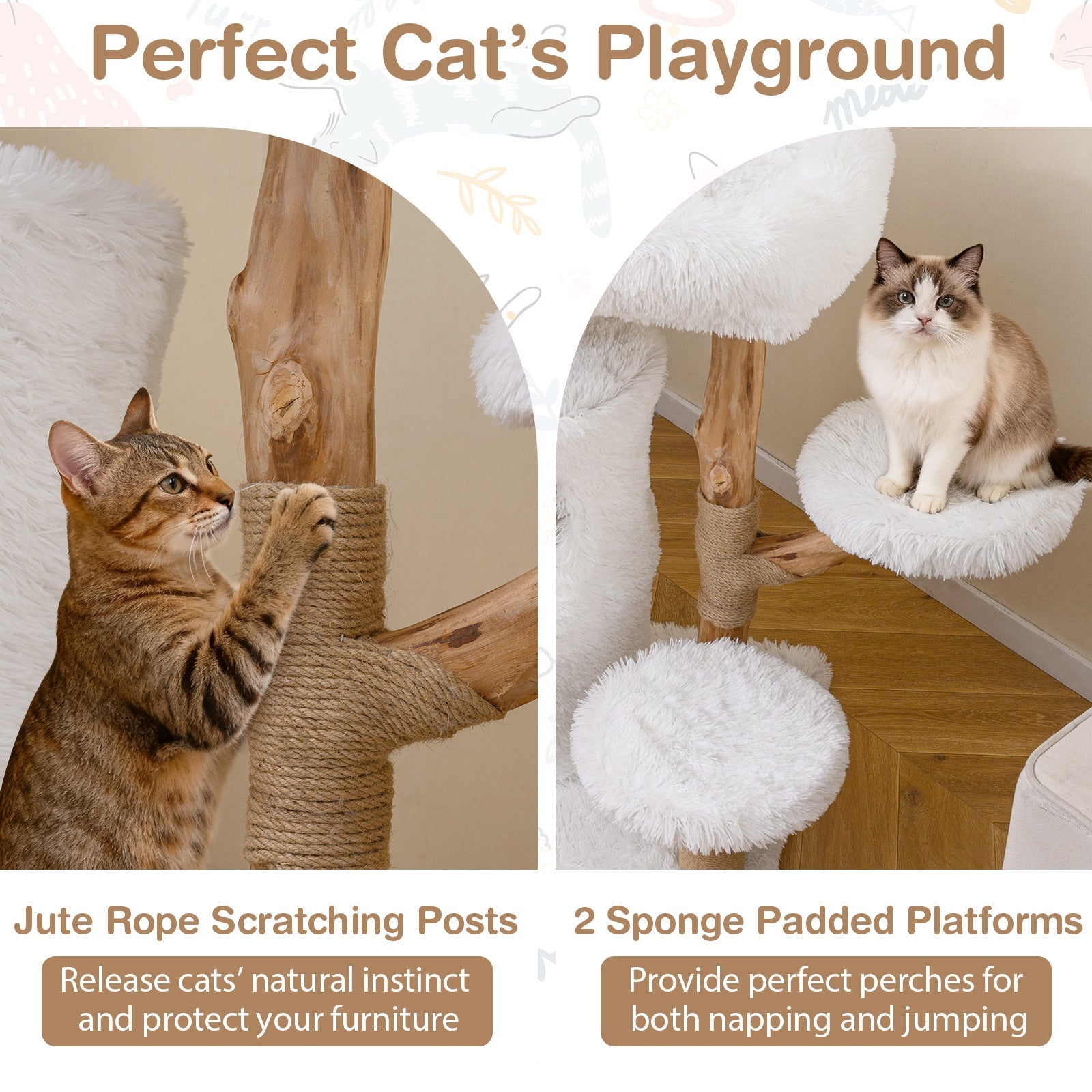 Modern Cat Tree for Indoor Cats 30.5 Cat Tower with Real Solid Wood Branches-White - Majestic Pet Kingdom