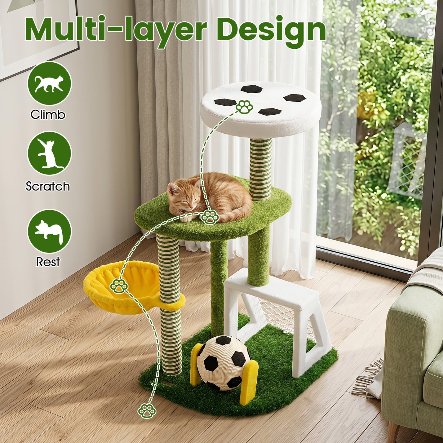 Multi-Level Cat Tree with Soccer Field & Hammock - Majestic Pet Kingdom