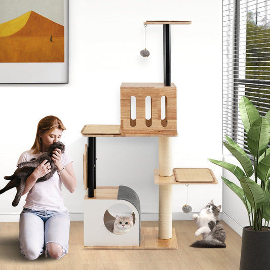 Modern Tall Cat Tower with Double Condos with Dangling Balls and Sisal Carpets-Natural - Majestic Pet Kingdom
