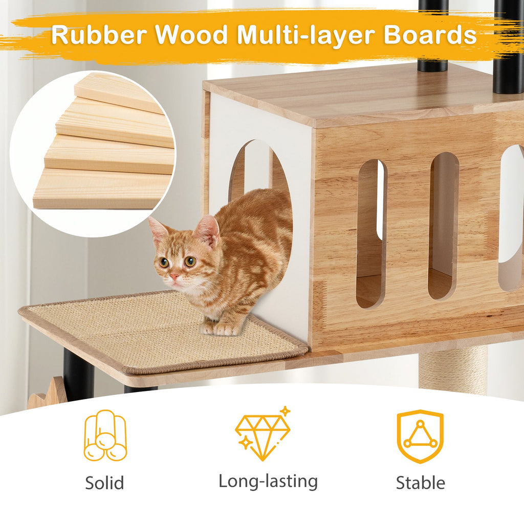 Modern Tall Cat Tower with Double Condos with Dangling Balls and Sisal Carpets-Natural - Majestic Pet Kingdom