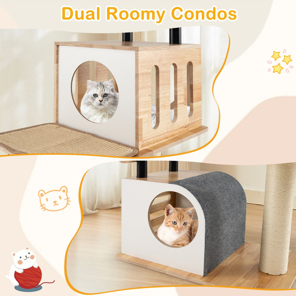 Modern Tall Cat Tower with Double Condos with Dangling Balls and Sisal Carpets-Natural - Majestic Pet Kingdom