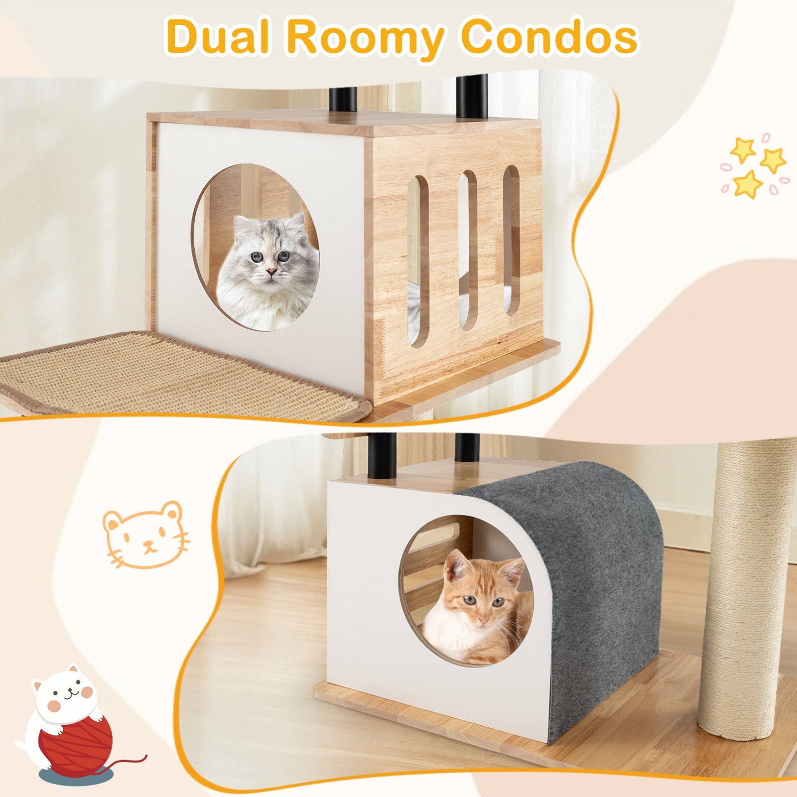 Modern Tall Cat Tower with Double Condos with Dangling Balls and Sisal Carpets-Natural - Majestic Pet Kingdom