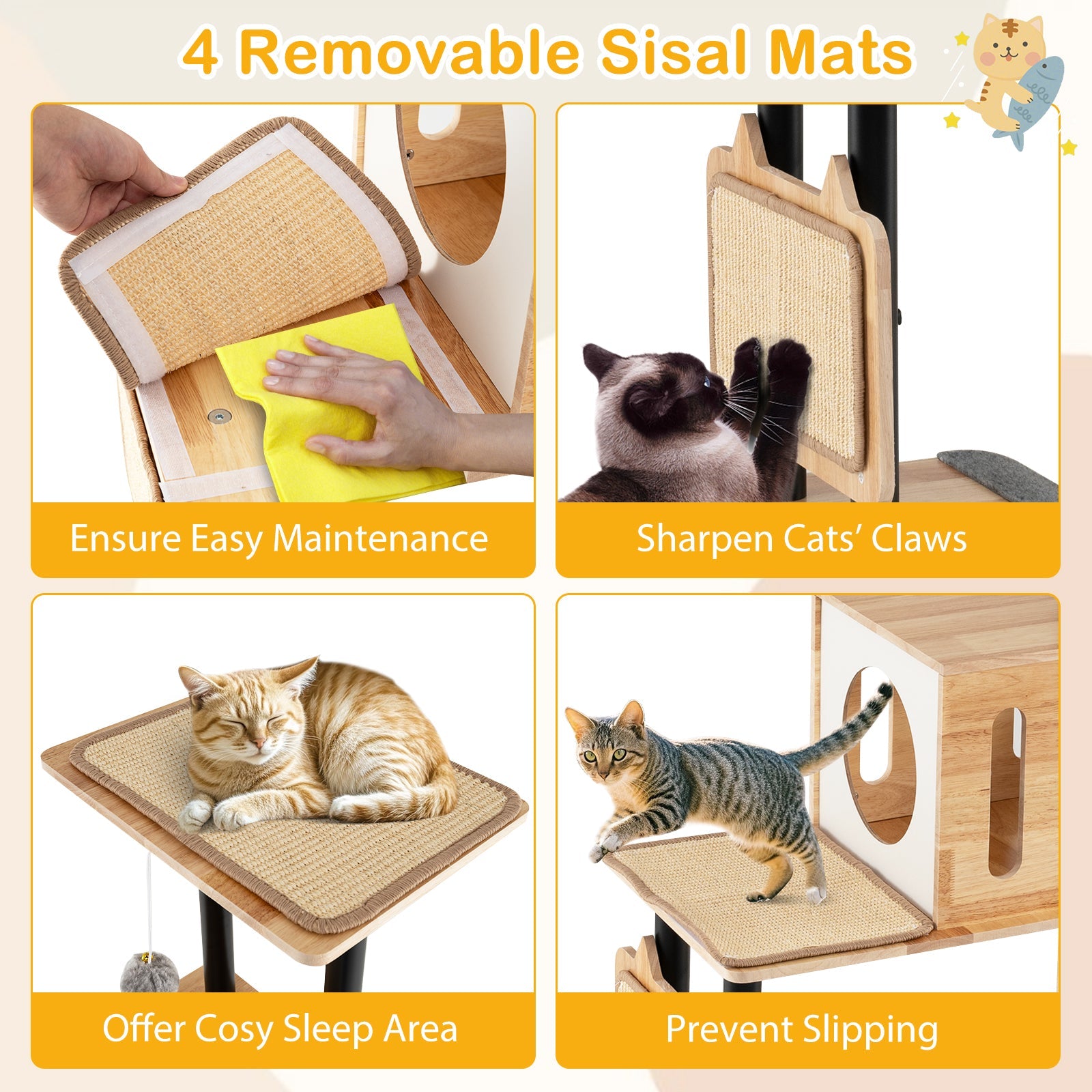 Modern Tall Cat Tower with Double Condos with Dangling Balls and Sisal Carpets-Natural - Majestic Pet Kingdom