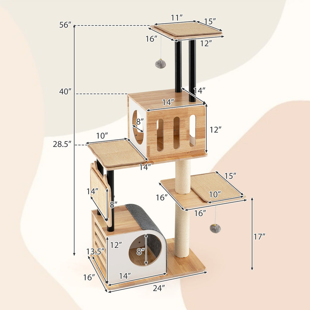 Modern Tall Cat Tower with Double Condos with Dangling Balls and Sisal Carpets-Natural - Majestic Pet Kingdom