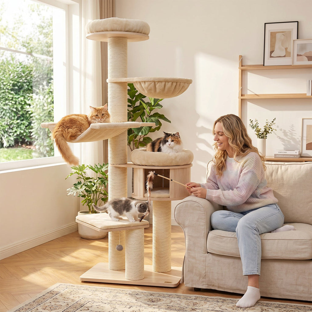 75.5" Tall Cat Tree with Sisal Posts, Hammock & Basket - Majestic Pet Kingdom