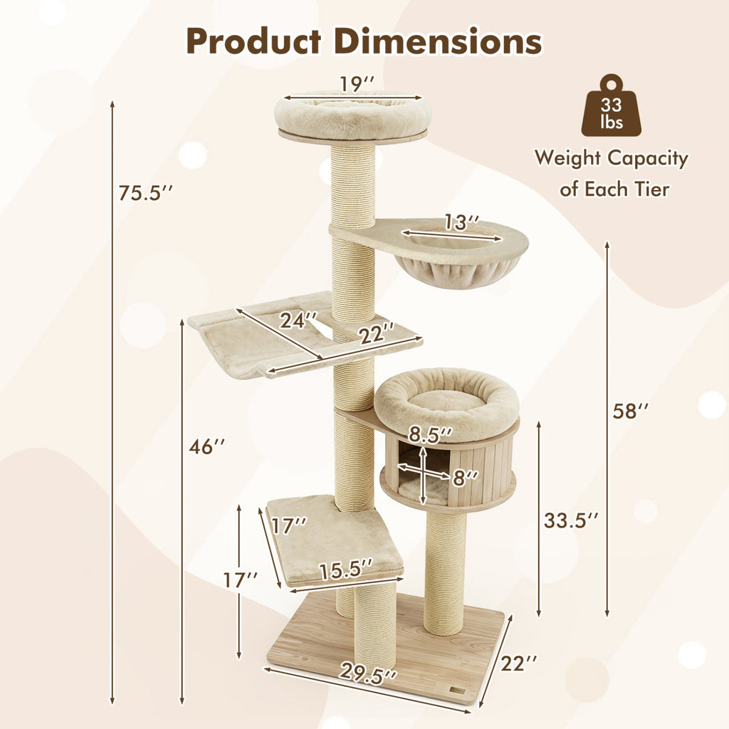 75.5" Tall Cat Tree with Sisal Posts, Hammock & Basket - Majestic Pet Kingdom