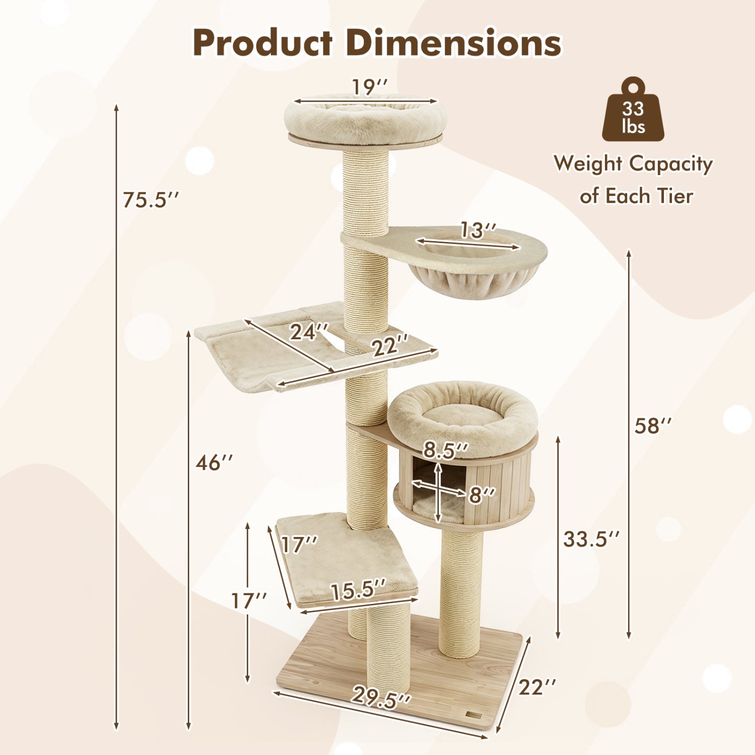 75.5" Tall Cat Tree with Sisal Posts, Hammock & Basket - Majestic Pet Kingdom