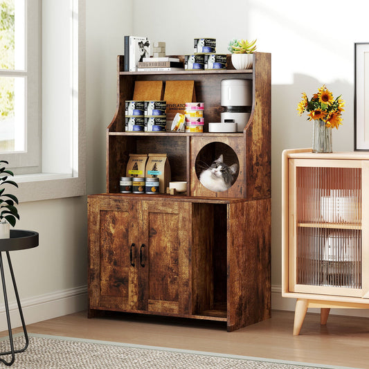 Modern Wooden Industrial Cat Litter Box Enclosure with Storage Shelves-Brown | Purrfect Pet Kingdom