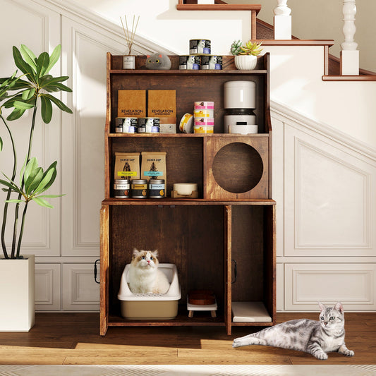 Modern Wooden Industrial Cat Litter Box Enclosure with Storage Shelves-Brown | Purrfect Pet Kingdom